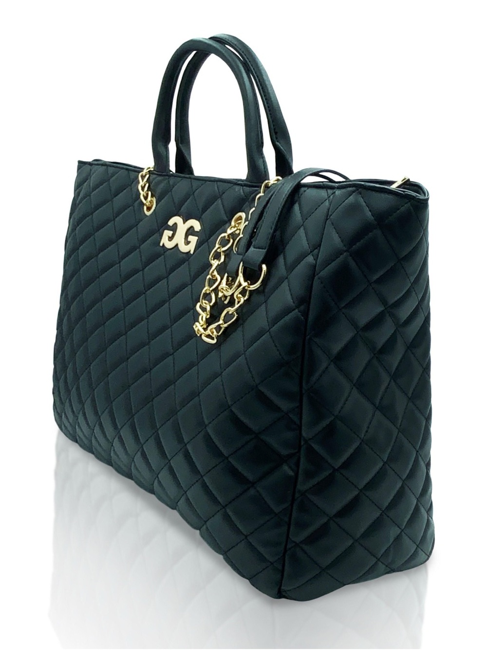 New Large Quilted Tote Bag with Gold Chain Accents - Black